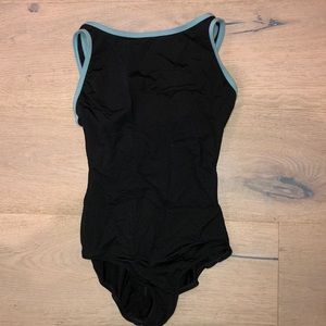 Mariia high neck black leotard with blue trim